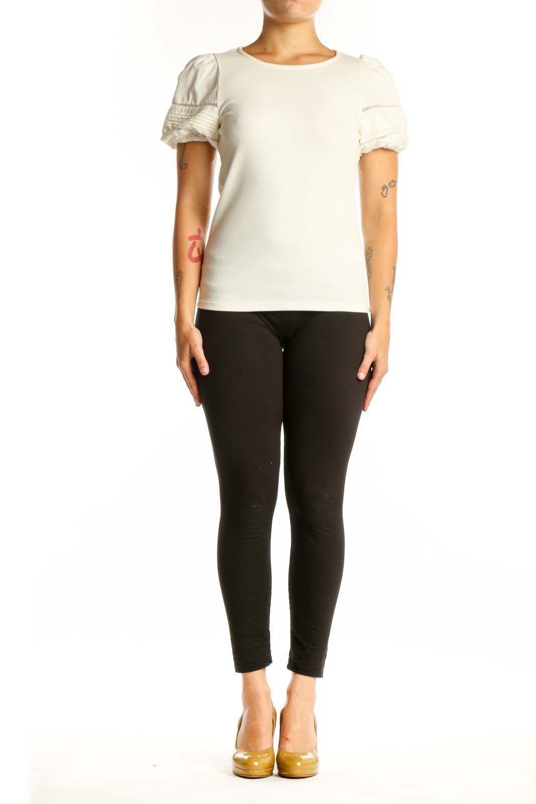 Cream puff sleeve J.Crew top front view on model, showing crew neckline and ruched short sleeves