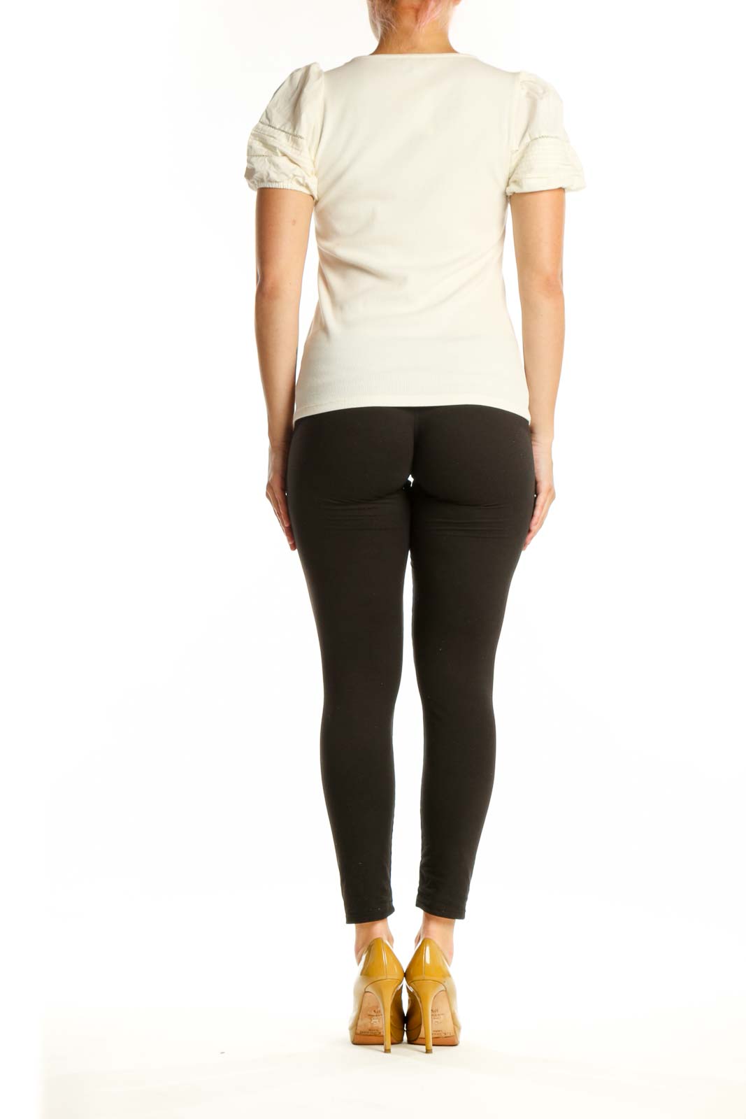 Cream puff sleeve J.Crew top back view on model, displaying fitted silhouette and puffed sleeve details