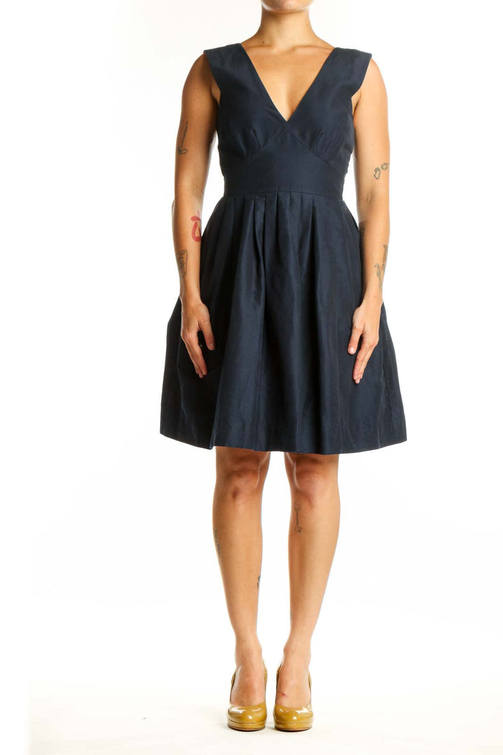 Navy V-Neck Fit and Flare Dress front view, showing flattering silhouette with pleated skirt detail