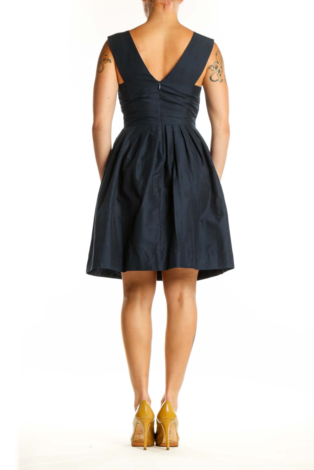 Navy V-Neck Fit and Flare Dress back view, displaying elegant sleeveless design and A-line skirt