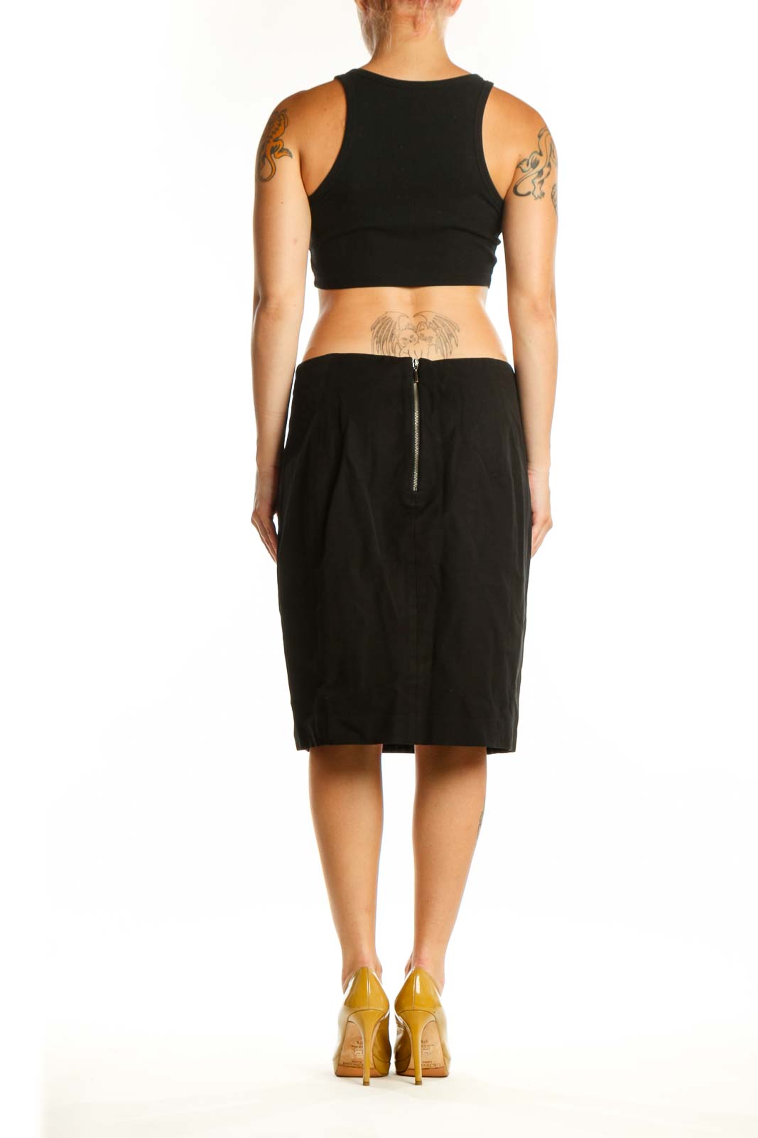 Navy leopard print pencil skirt back view, displaying sleek pencil cut and professional knee-length design