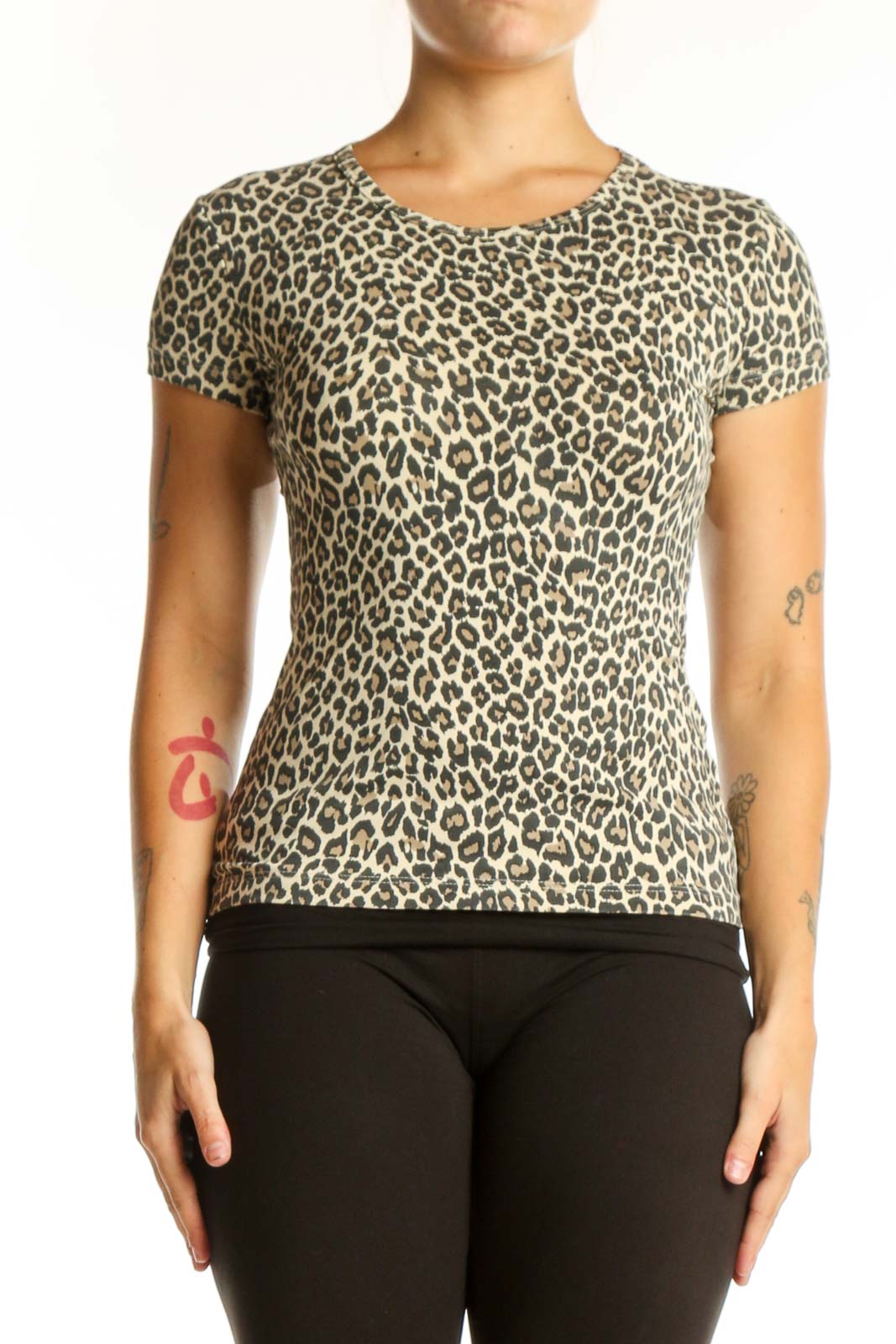 Beige leopard print short-sleeve fitted top by Zara Knit, front view on model