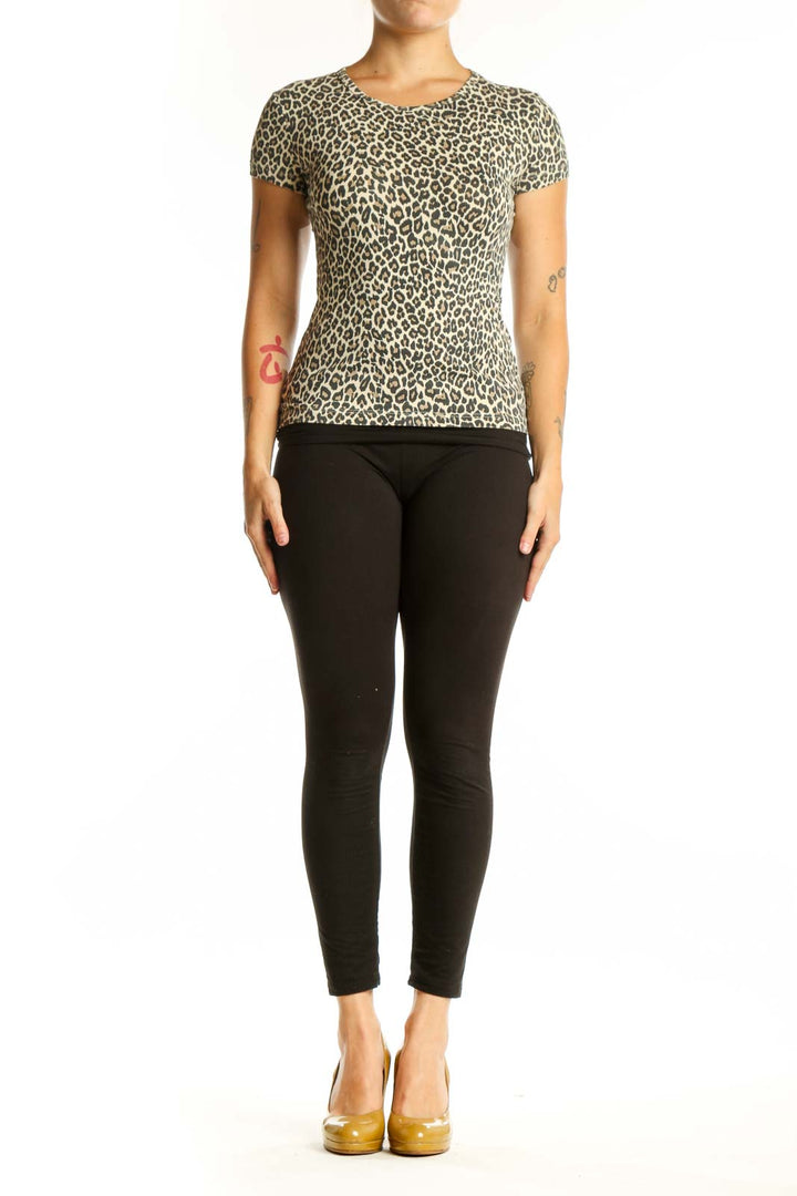 Beige leopard print short-sleeve fitted top by Zara Knit, front view on model