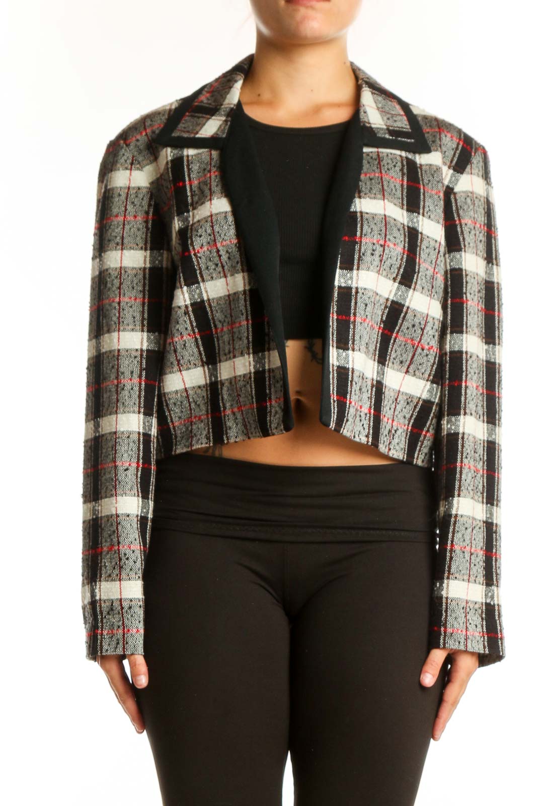 Front view of multicolor plaid cropped blazer jacket by Julian Taylor in XL, featuring cream, charcoal, burgundy and black plaid pattern