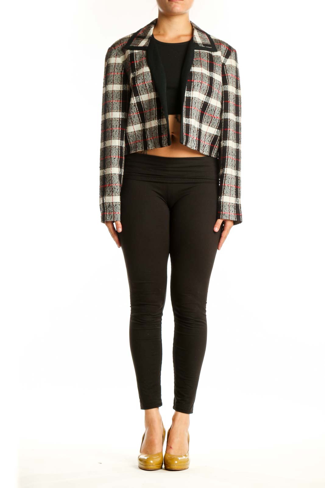 Front view of multicolor plaid cropped blazer jacket by Julian Taylor in XL, featuring cream, charcoal, burgundy and black plaid pattern