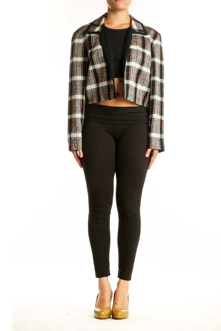 Front view of multicolor plaid cropped blazer jacket by Julian Taylor in XL, featuring cream, charcoal, burgundy and black plaid pattern