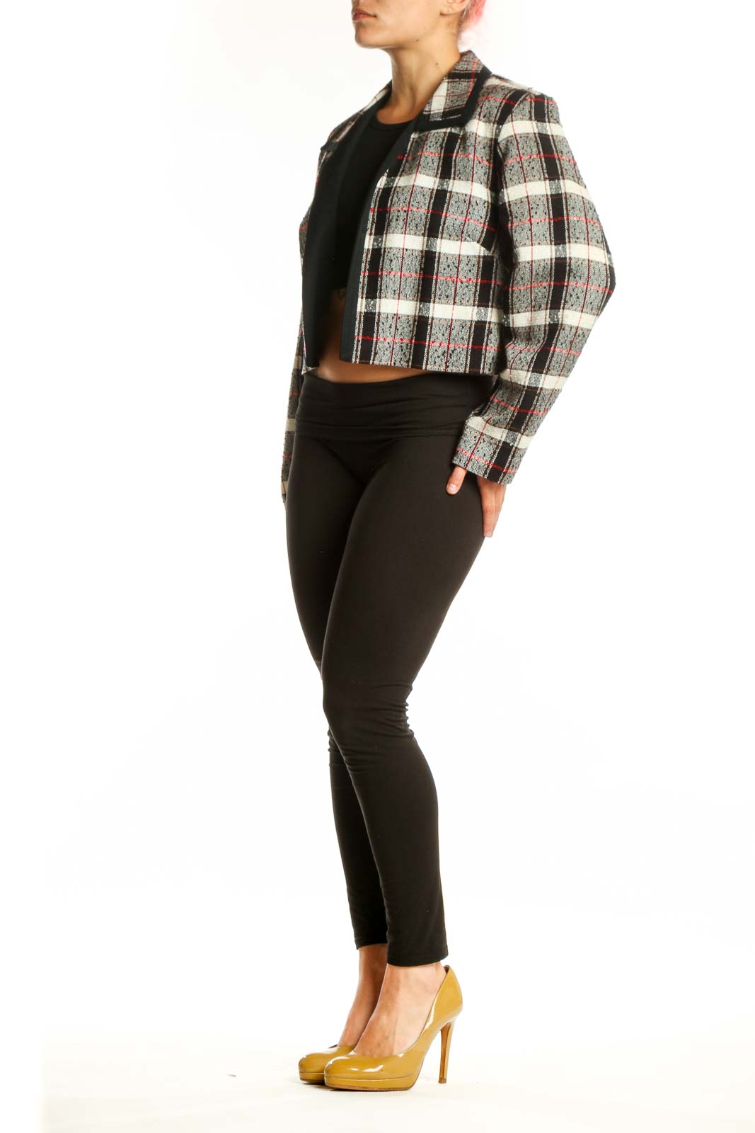Front view of multicolor plaid cropped blazer jacket by Julian Taylor in XL, featuring cream, charcoal, burgundy and black plaid pattern
