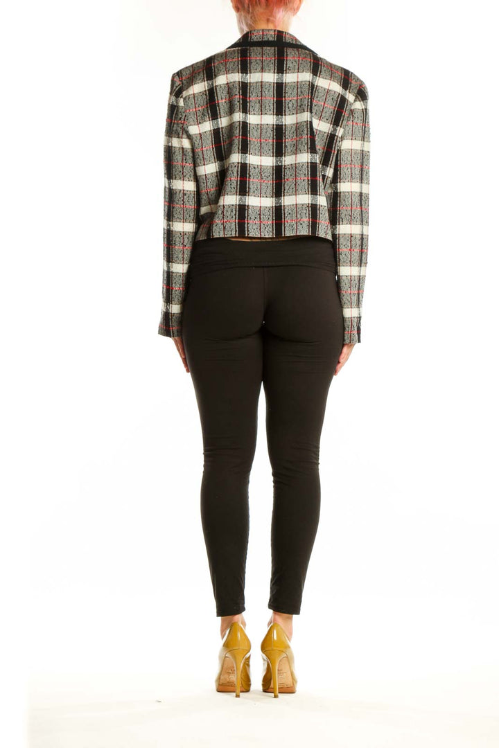 Back view of Julian Taylor multicolor plaid cropped blazer jacket showing the full plaid pattern and tailored fit