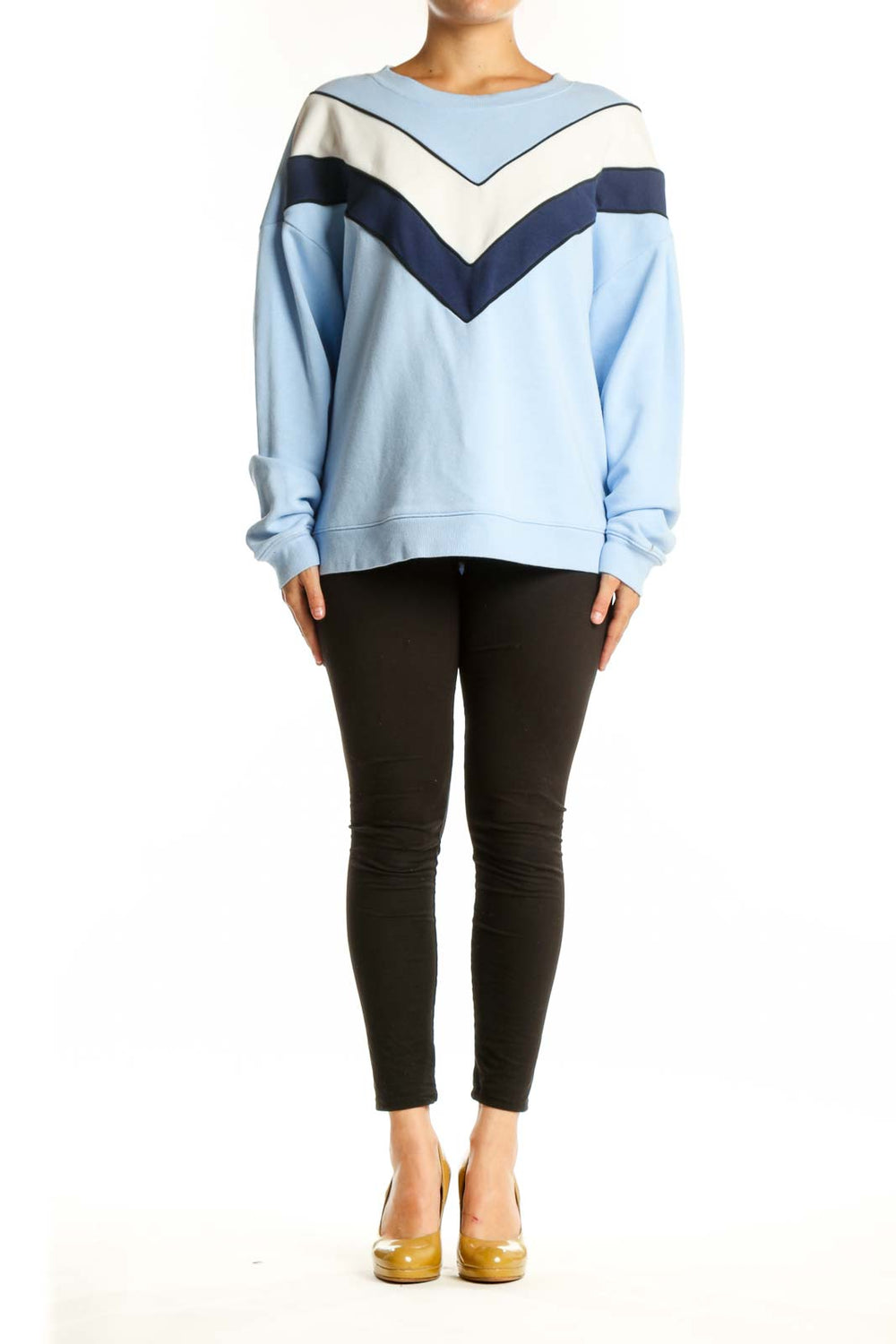 Light blue colorblock chevron sweatshirt with navy and cream geometric stripes, front view