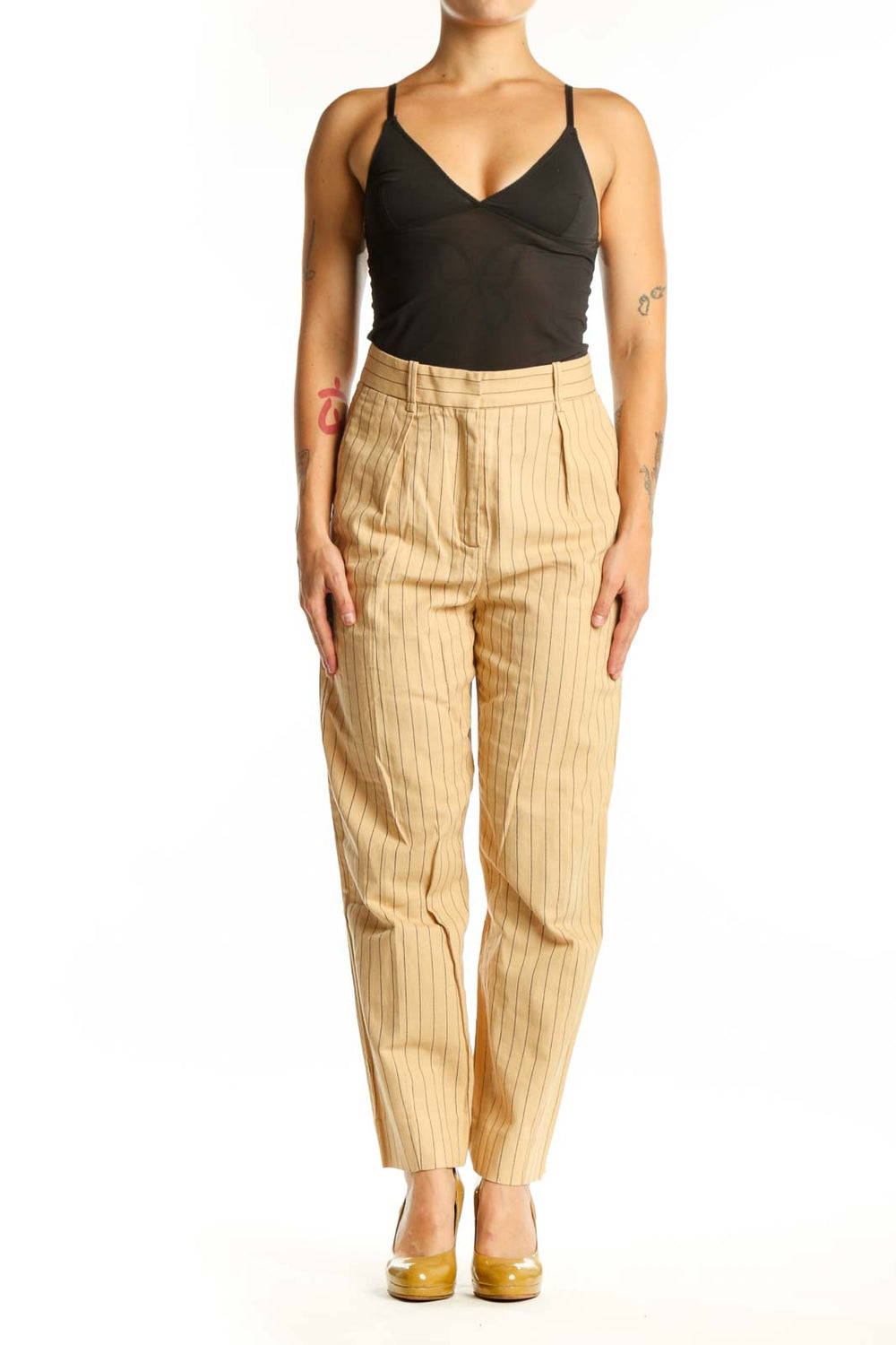 Front view of cream pinstriped Maje pleated trousers with high-waisted design and straight-leg cut