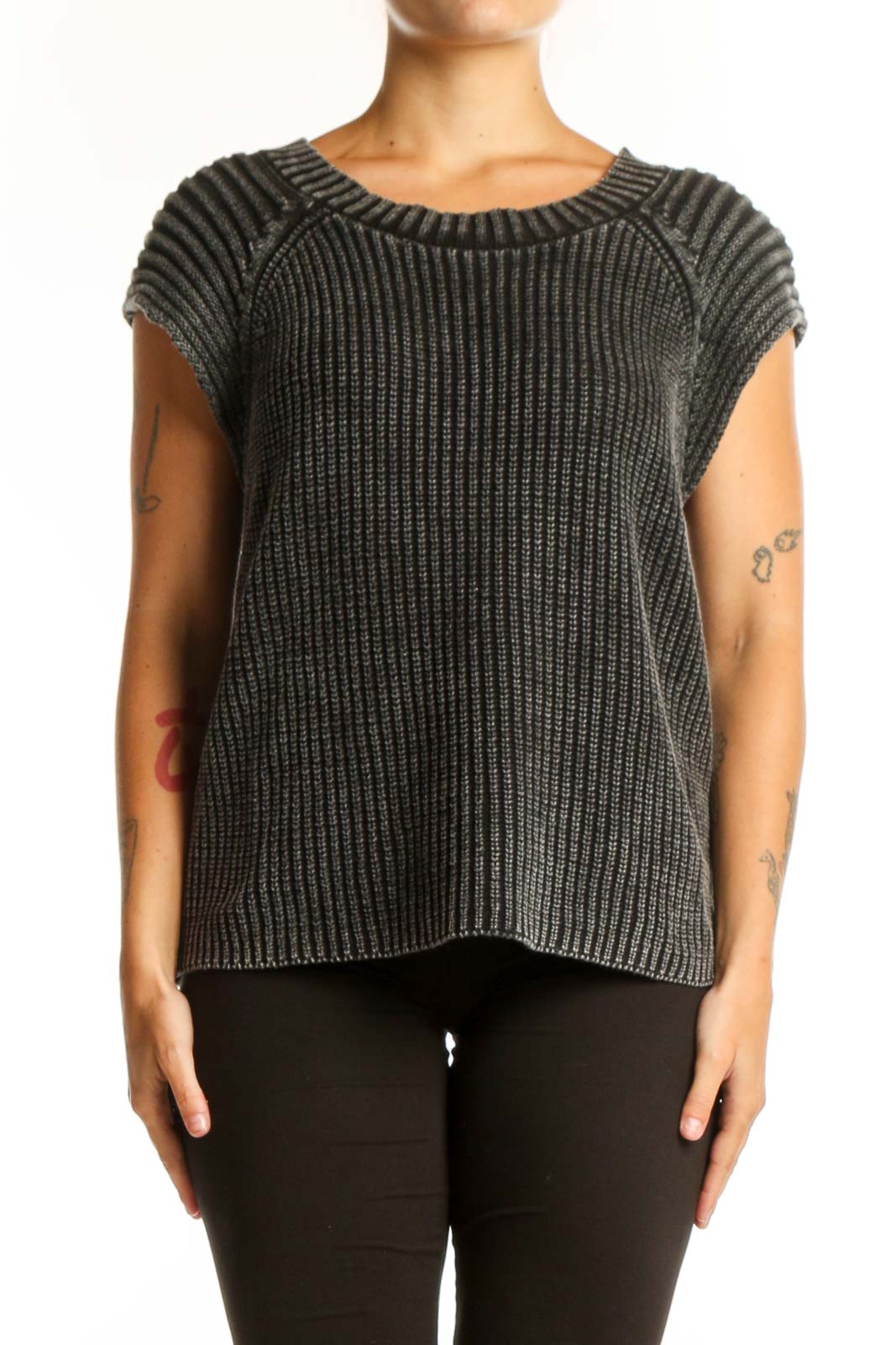 Charcoal ribbed cotton knit top with crew neckline and short cap sleeves, front view
