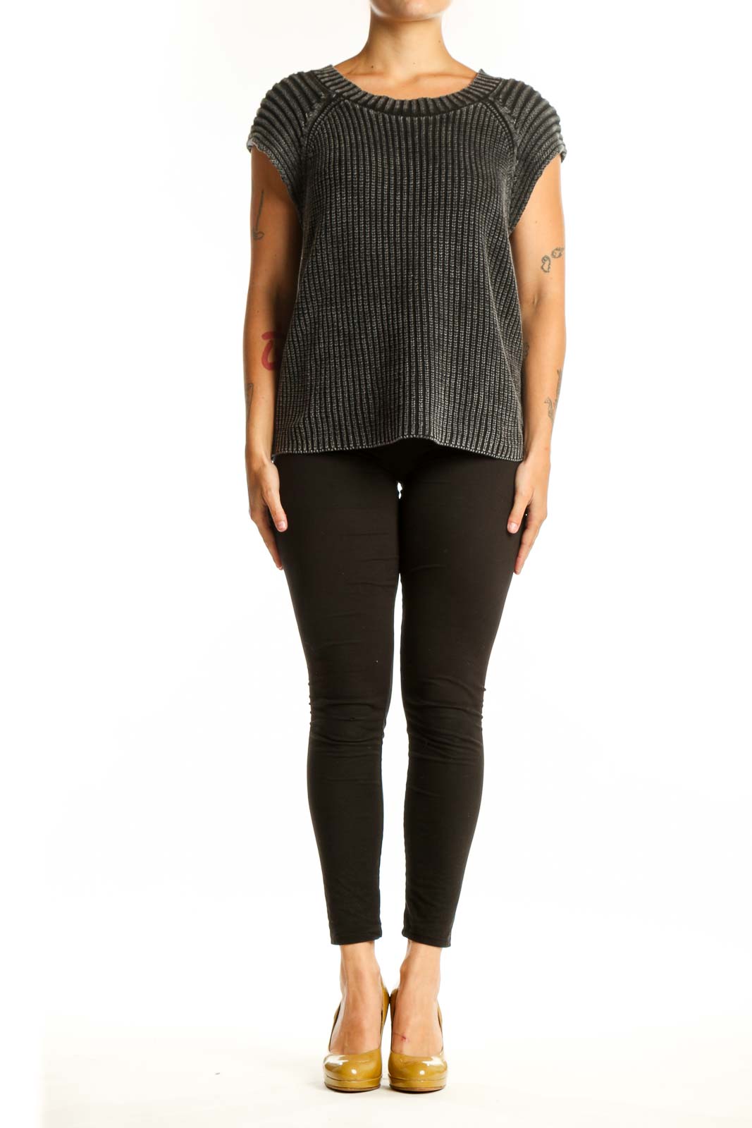 Charcoal ribbed cotton knit top with crew neckline and short cap sleeves, front view