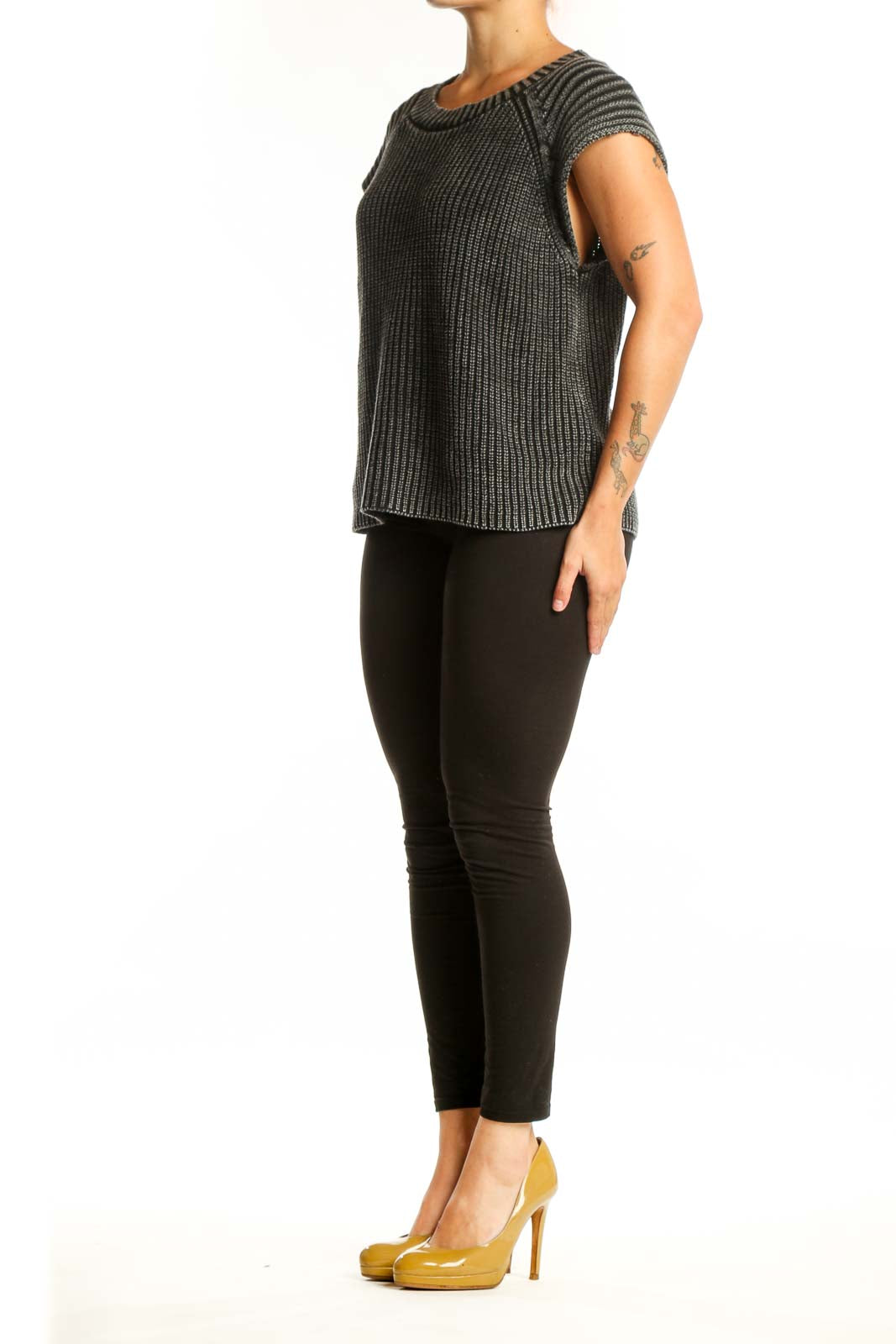 Charcoal ribbed cotton knit top with crew neckline and short cap sleeves, front view