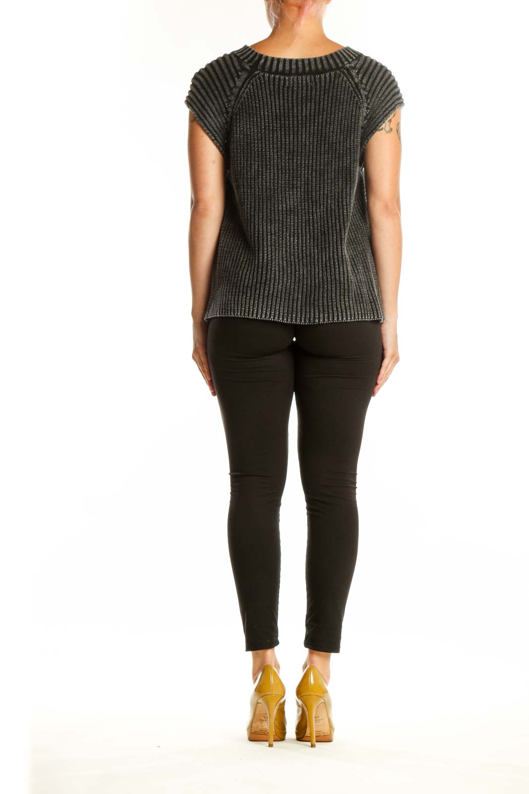 Charcoal ribbed cotton knit top back view showing relaxed fit and vertical ribbed pattern