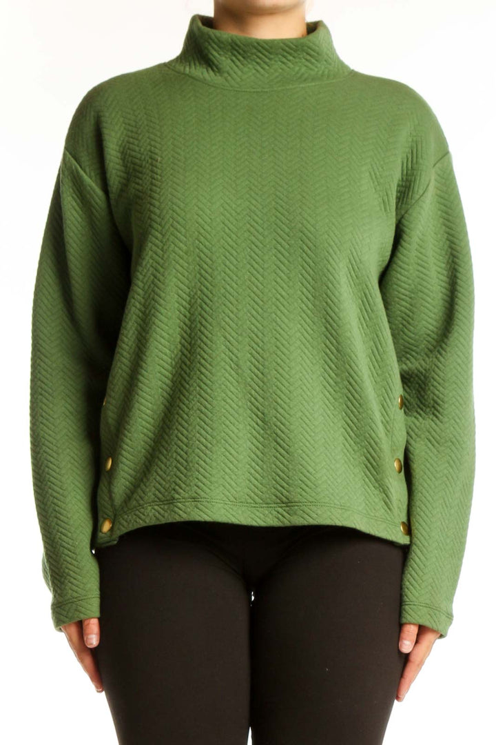 J.Crew green turtleneck pullover knit sweater with herringbone texture and button side details, front view