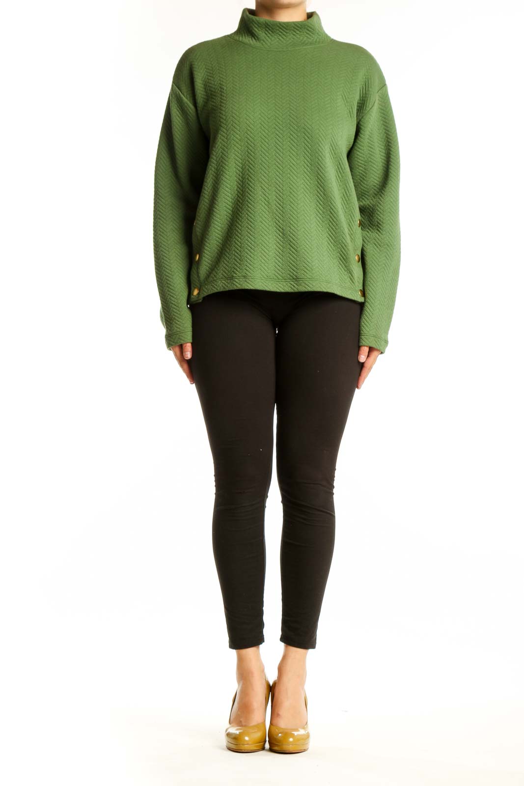 J.Crew green turtleneck pullover knit sweater with herringbone texture and button side details, front view