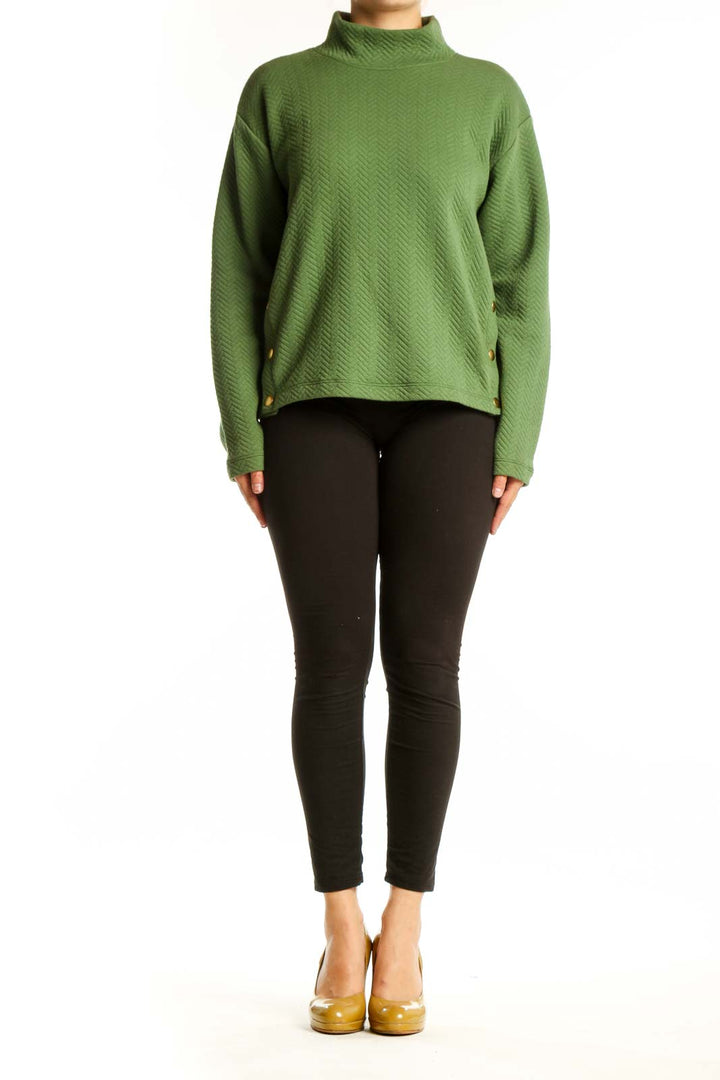 J.Crew green turtleneck pullover knit sweater with herringbone texture and button side details, front view