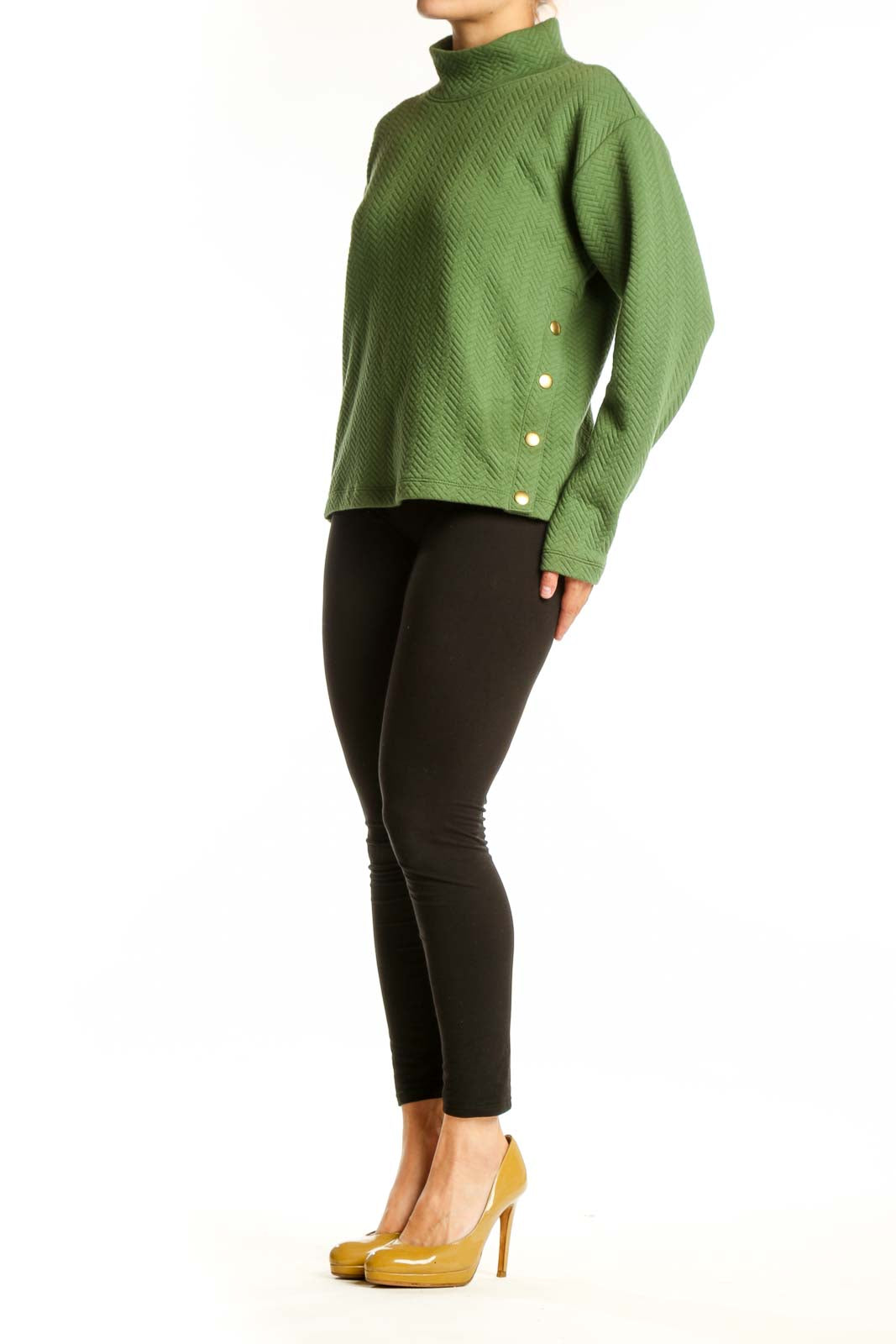 J.Crew green turtleneck pullover knit sweater with herringbone texture and button side details, front view
