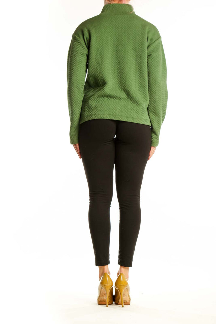 J.Crew green turtleneck pullover knit sweater back view showing button accents and cropped length