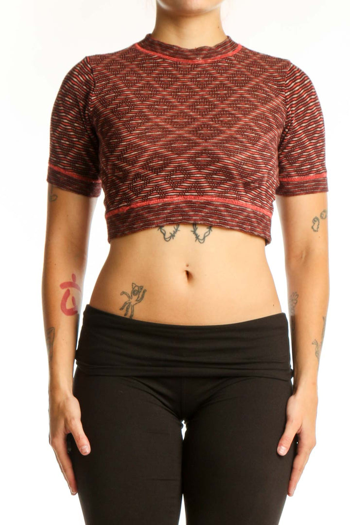 Rust heathered textured crop top knit with short sleeves and ribbed trim, front view