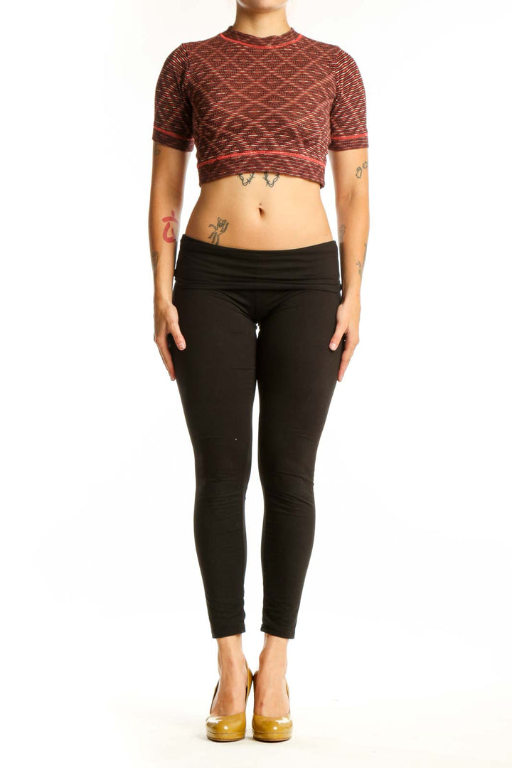 Rust heathered textured crop top knit with short sleeves and ribbed trim, front view