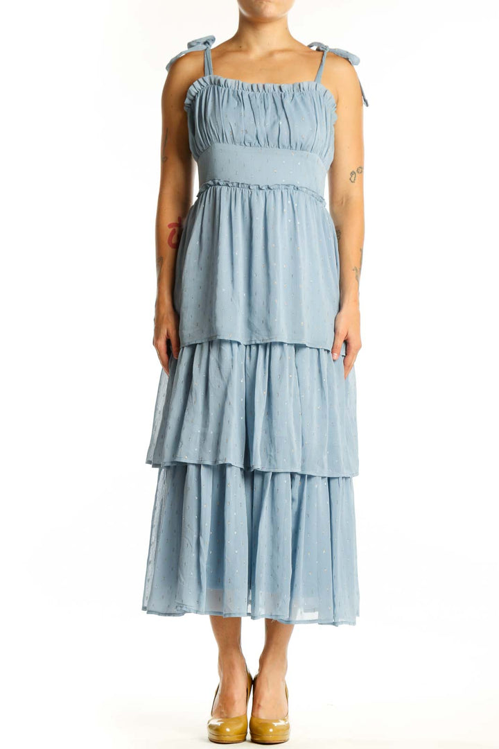 Blue tiered ruched midi dress with sweetheart neckline and adjustable tie shoulder straps