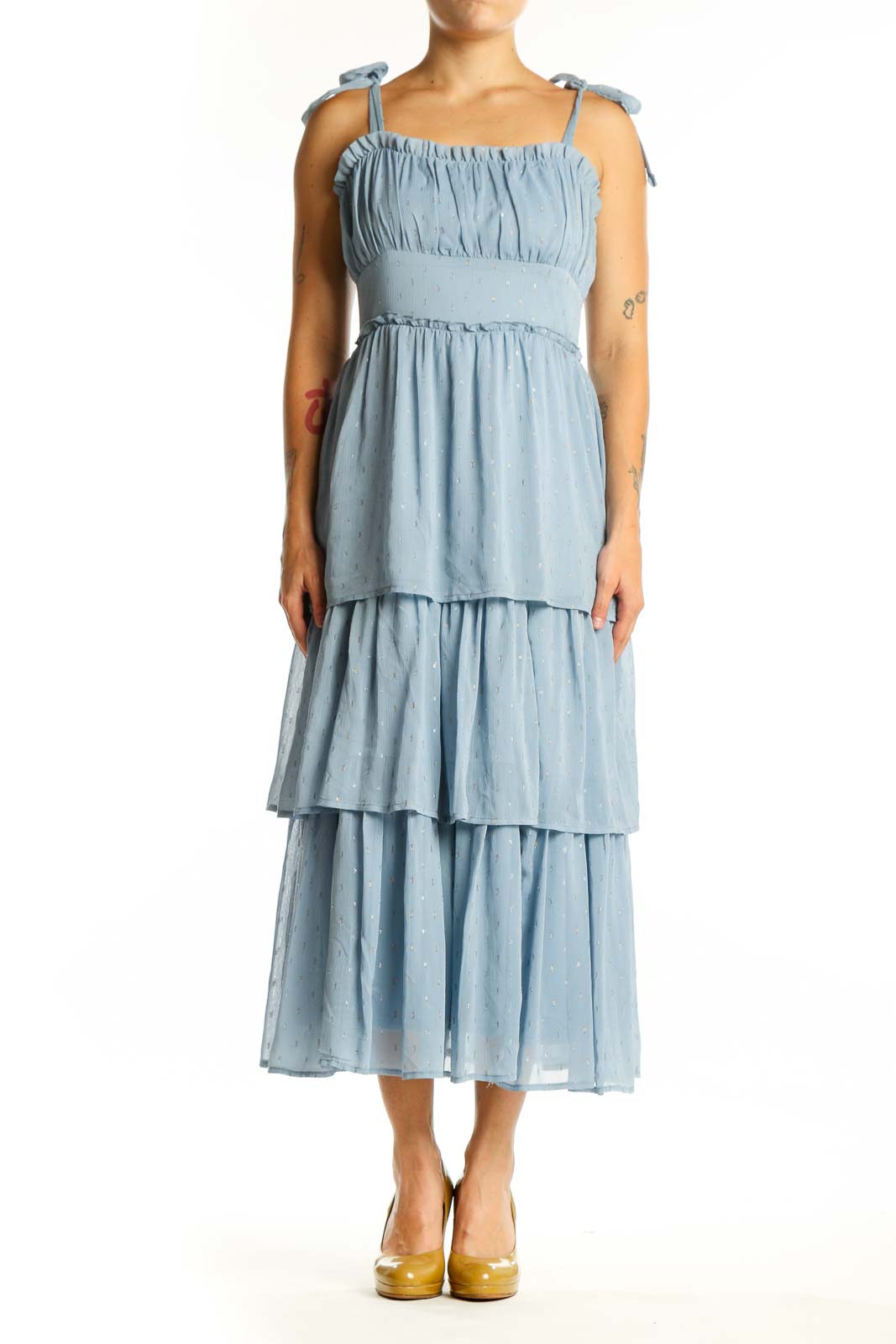 Blue tiered ruched midi dress with sweetheart neckline and adjustable tie shoulder straps