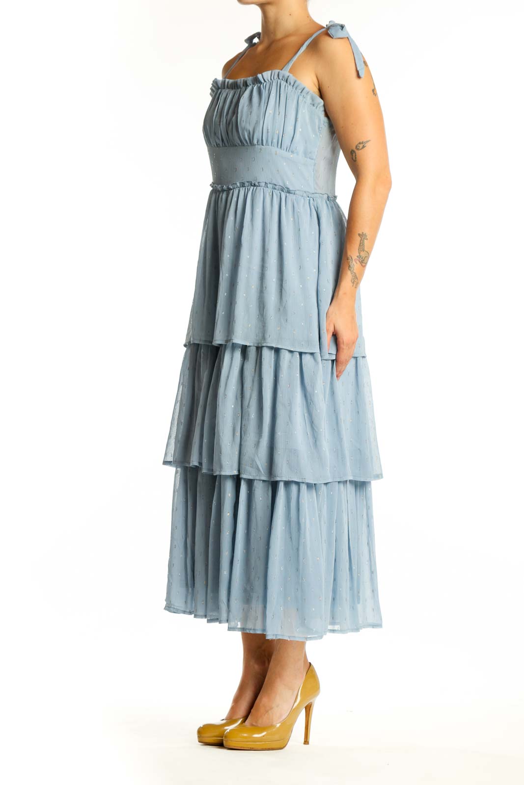 Blue tiered ruched midi dress with sweetheart neckline and adjustable tie shoulder straps