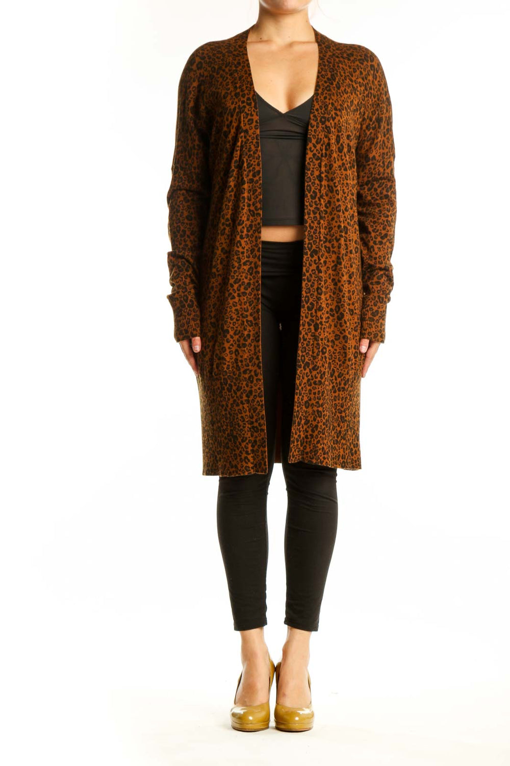 Brown leopard print knit cardigan by Sanctuary worn open over black crop top, front view