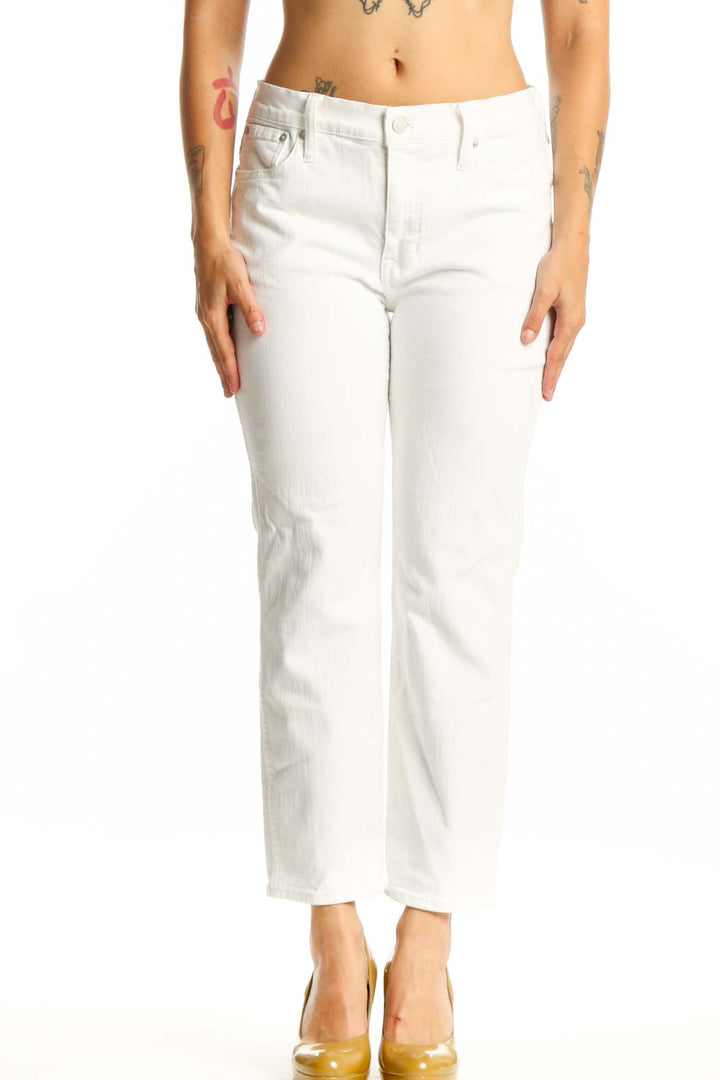 White cropped denim jeans by J.Crew, front view showing five-pocket styling and ankle-length cut on size M
