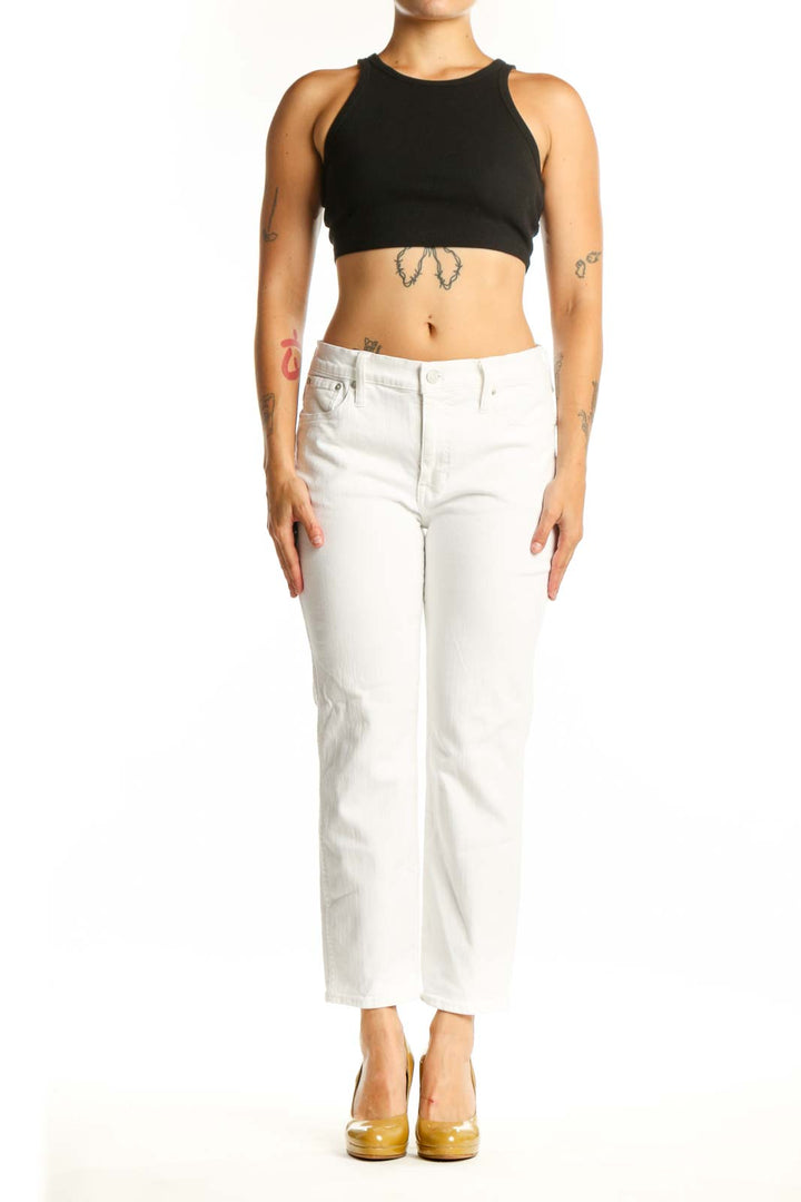 White cropped denim jeans by J.Crew, front view showing five-pocket styling and ankle-length cut on size M