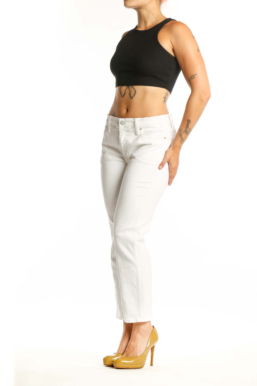 White cropped denim jeans by J.Crew, front view showing five-pocket styling and ankle-length cut on size M