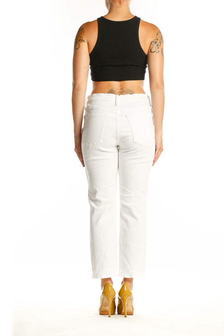 White cropped denim jeans by J.Crew, back view displaying classic denim construction and flattering fit