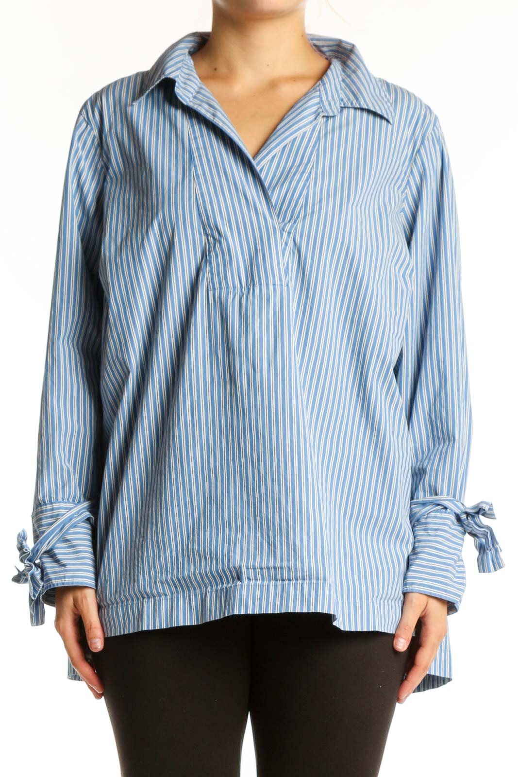 Blue and white striped pullover top with collared neckline and tie-cuff sleeves, front view