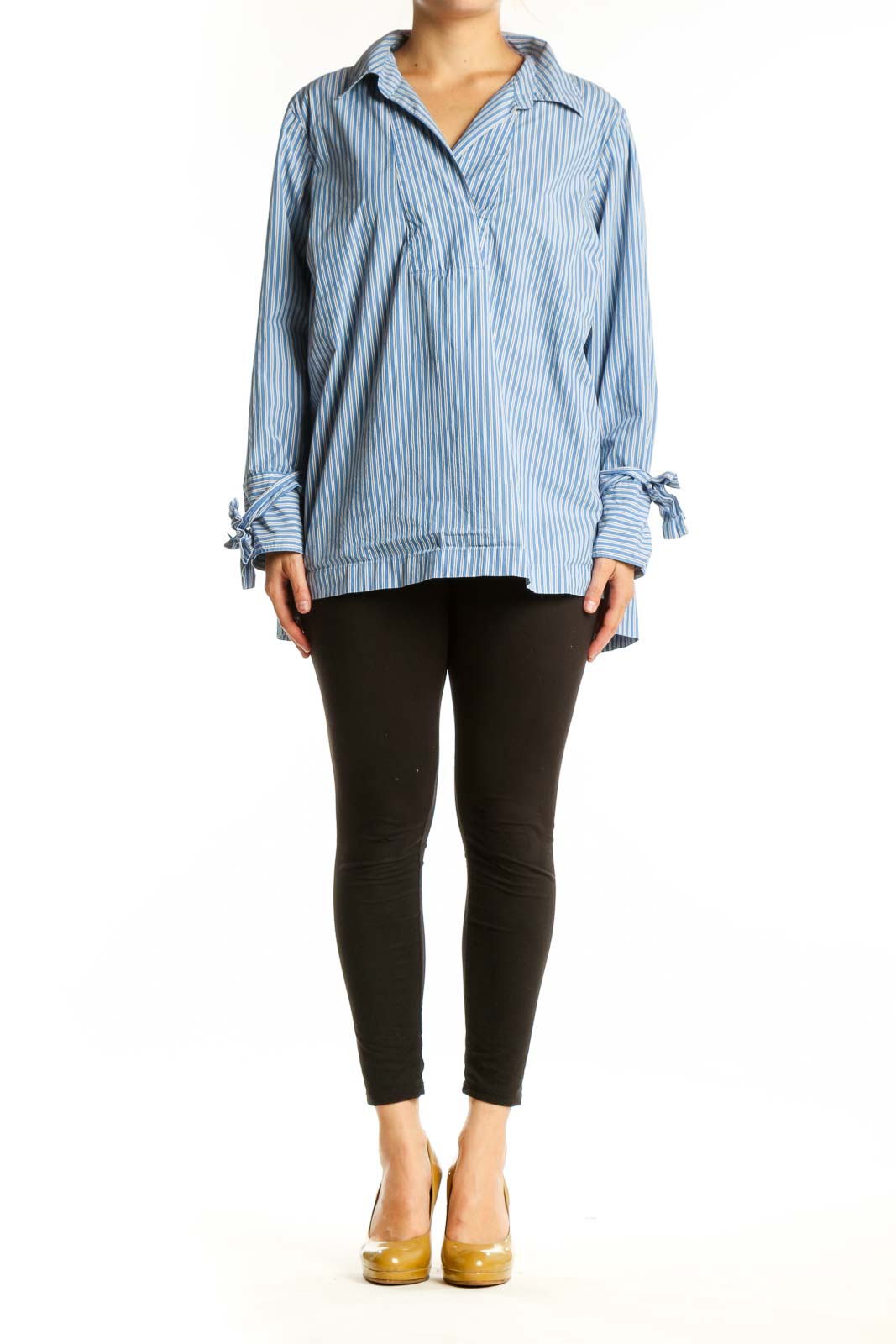 Blue and white striped pullover top with collared neckline and tie-cuff sleeves, front view