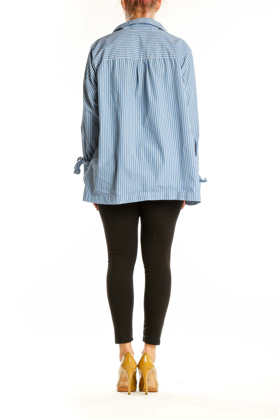Blue and white striped pullover top with collared neckline and tie-cuff sleeves, back view