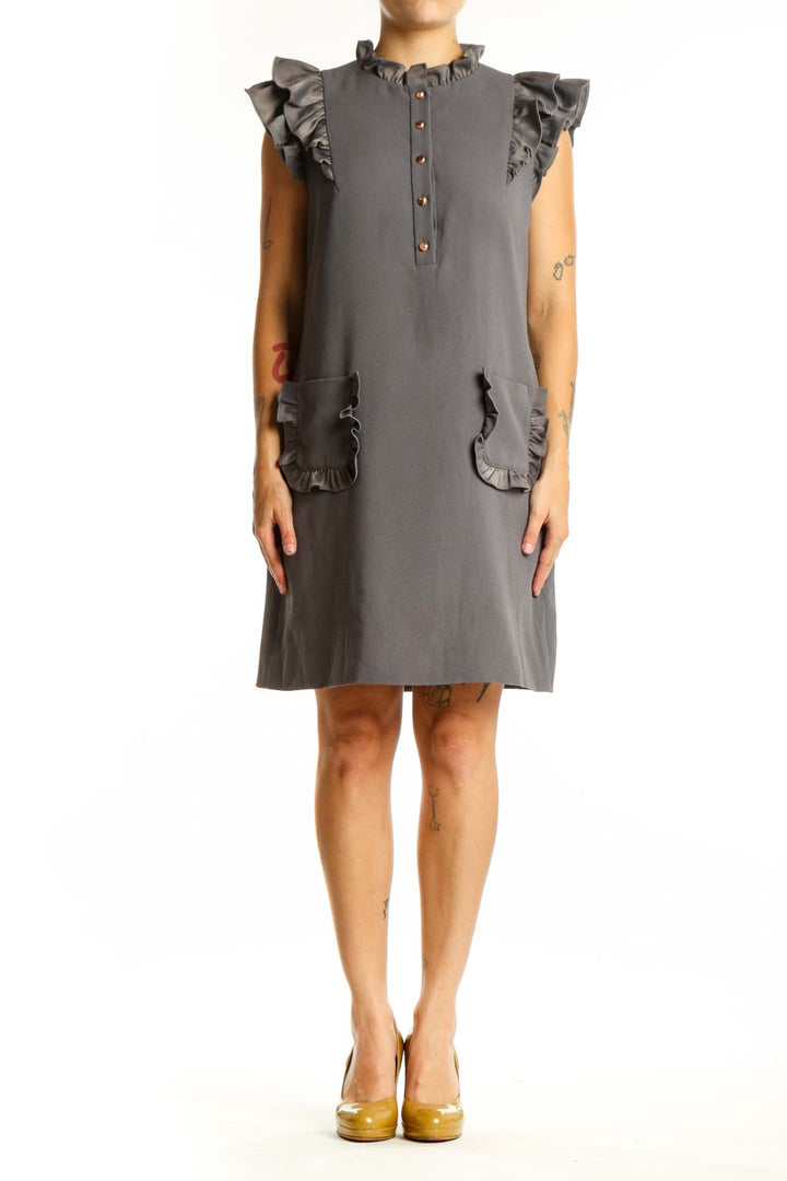 Gray ruffle pocket shift dress with button-front closure and ruffled cap sleeves, front view