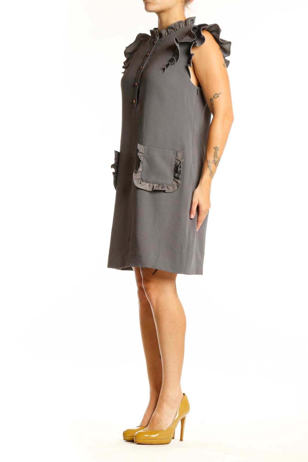Gray ruffle pocket shift dress with button-front closure and ruffled cap sleeves, front view