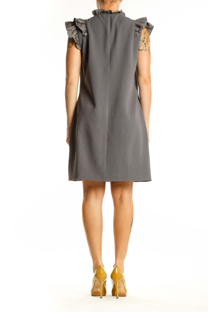 Gray ruffle pocket shift dress with ruffled back detail and patch pocket, back view