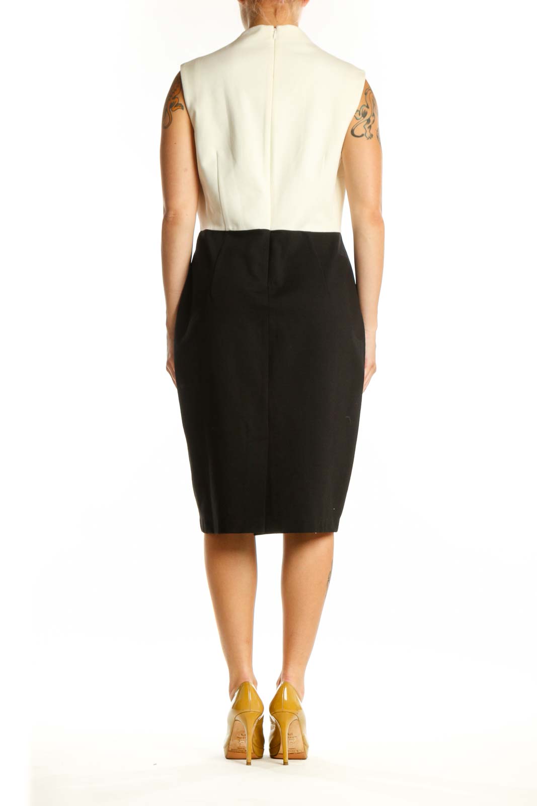 Back view of cream and black colorblock sleeveless dress showing elegant silhouette and draping