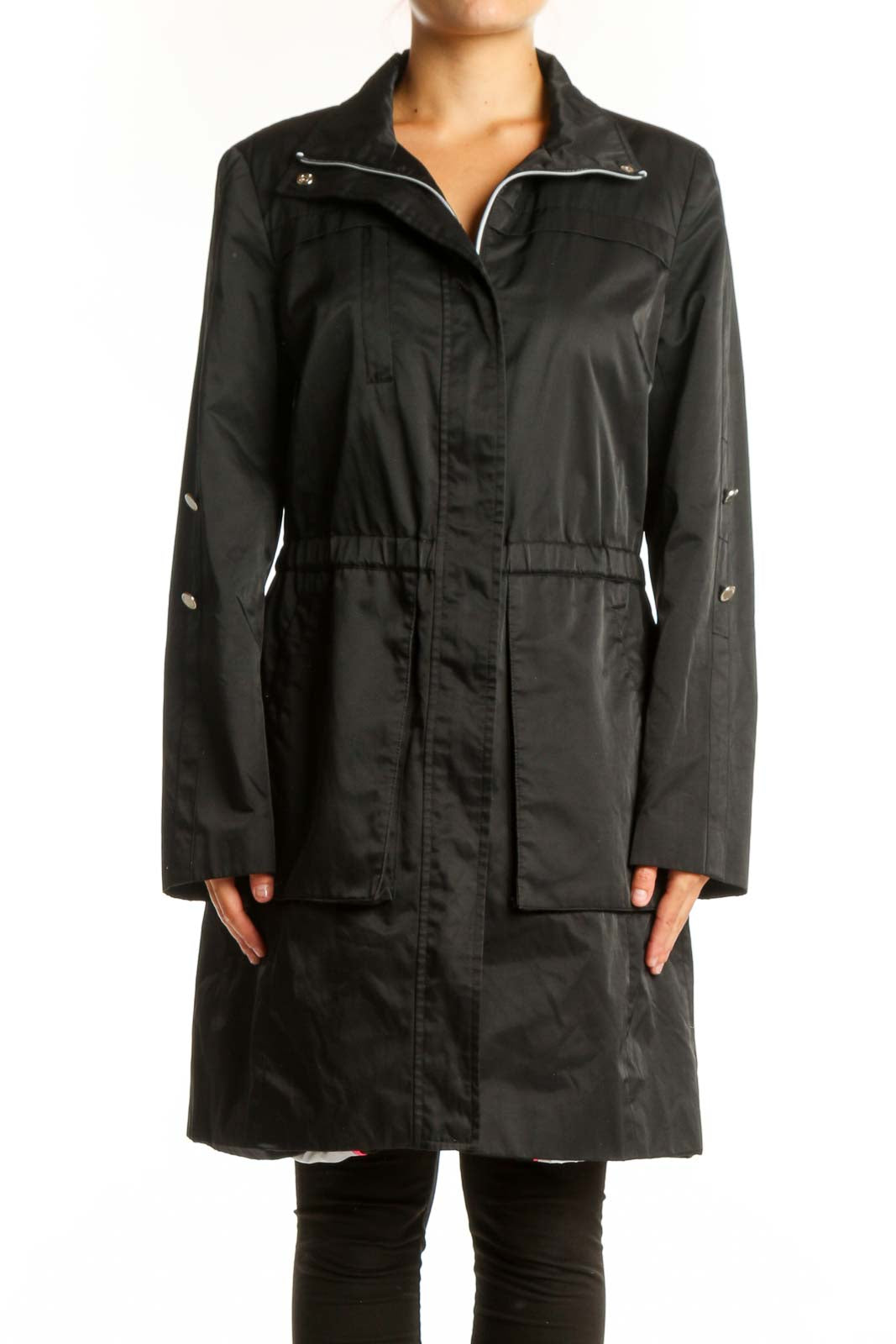 Black Calvin Klein windbreaker coat with full zip closure and cinched waist, front view on model