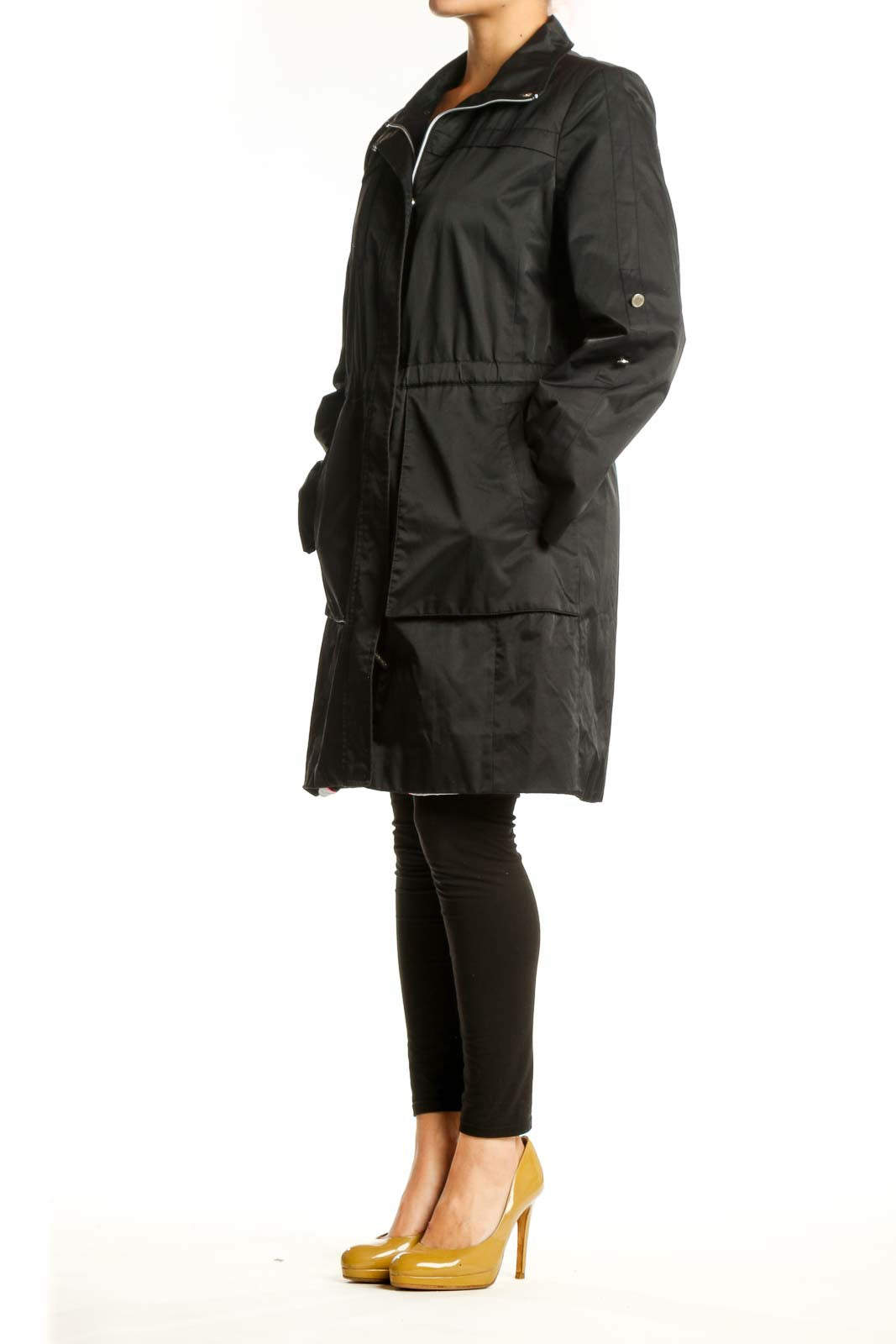 Black Calvin Klein windbreaker coat with full zip closure and cinched waist, front view on model