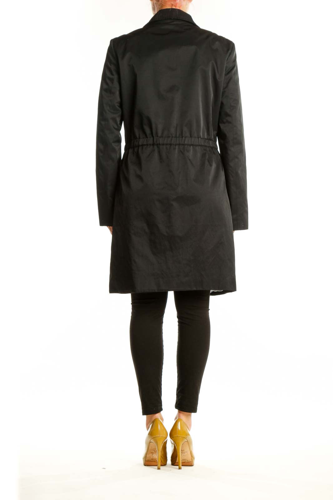 Black Calvin Klein windbreaker coat back view showing sleek silhouette and functional design details