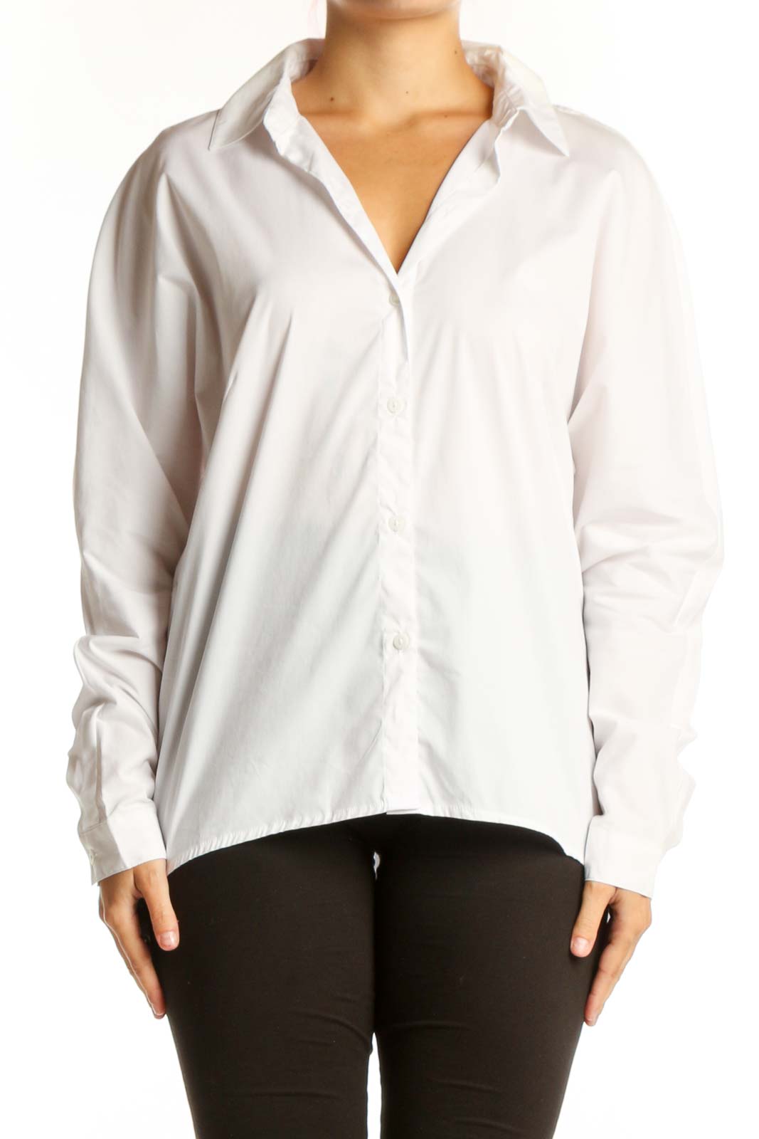 White button-up collared shirt with long sleeves, front view on model