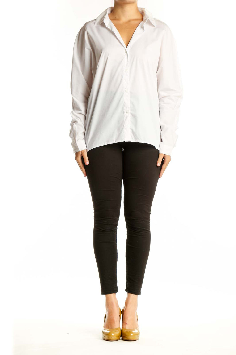 White button-up collared shirt with long sleeves, front view on model