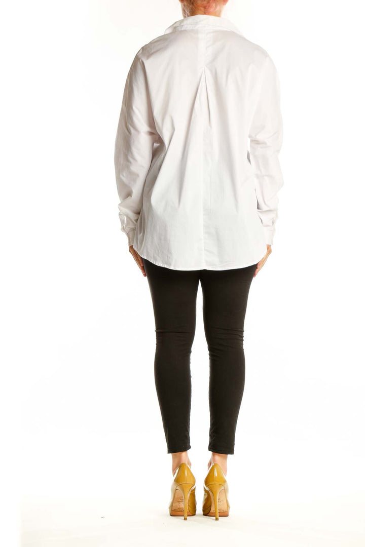 White button-up collared shirt back view, showing relaxed fit and length