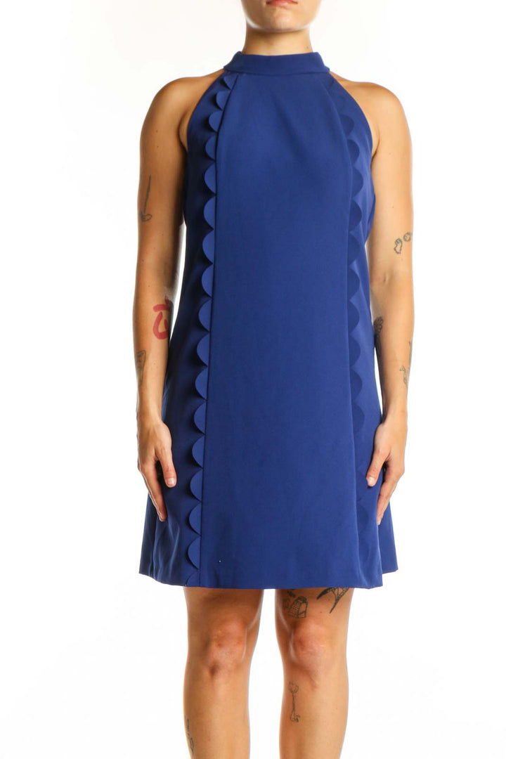 Navy ruffle halter sleeveless dress by Vince Camuto, front view showing ruffled trim detail