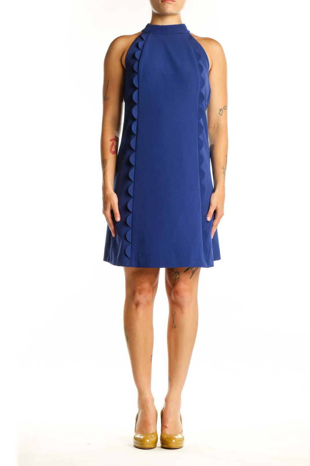 Navy ruffle halter sleeveless dress by Vince Camuto, front view showing ruffled trim detail
