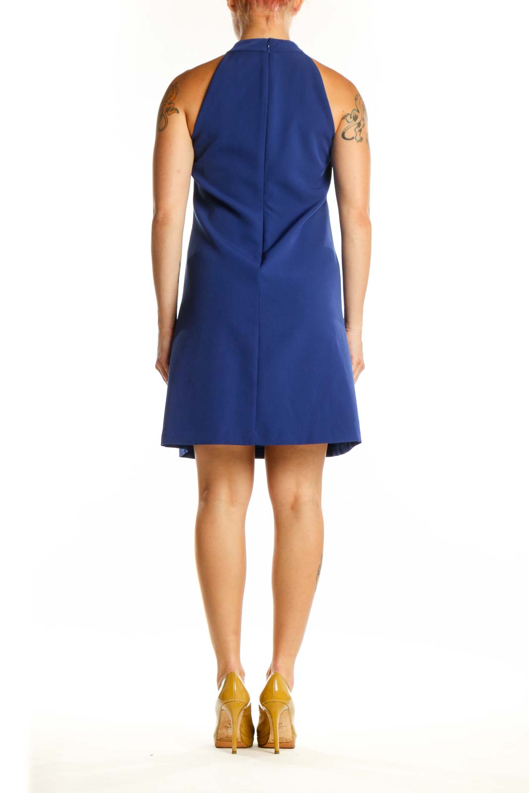 Navy ruffle halter sleeveless dress by Vince Camuto, back view displaying ruffled trim design