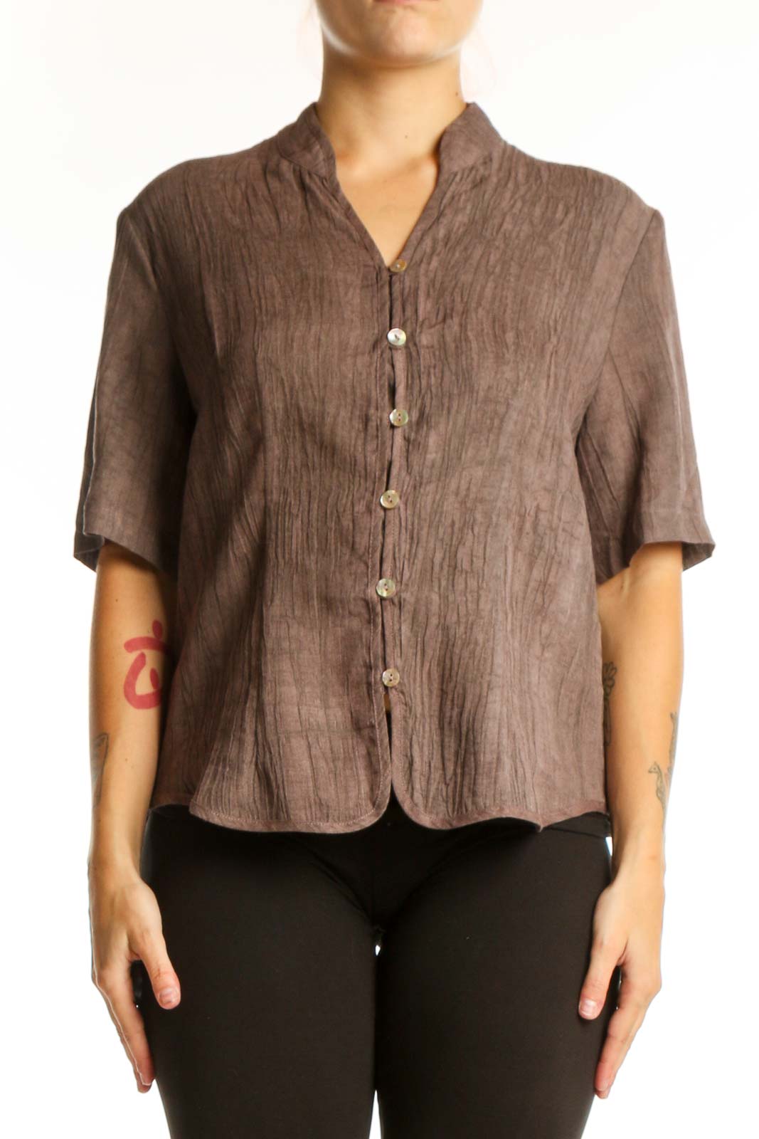 LINTICO Brown Lyocell Ramie Button-Up Short Sleeve Shirt front view on model